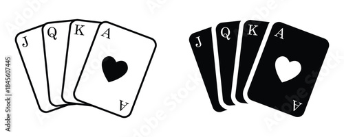 Royal playing card hands showing jack, queen, king, and ace. Black and white card sets feature classic heart suit symbols. Perfect for poker graphics, casino branding, and card game designs.
