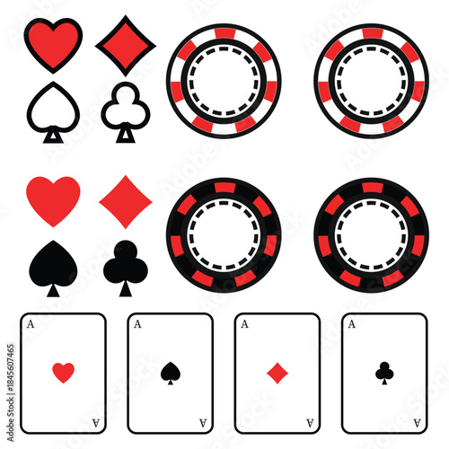 Casino symbols set with playing cards, poker chips, and card suits. Hearts, diamonds, clubs, and spades appear in bold red and black. Perfect for gambling graphics, poker games, and casino design them