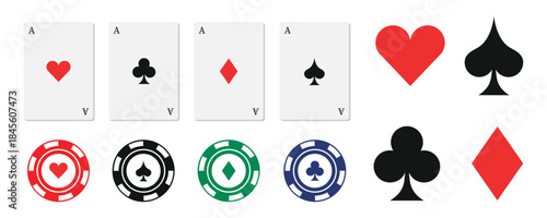 Casino playing cards, poker chips, and card suit icons displayed together. Hearts, spades, clubs, and diamonds combine with colorful chips. Ideal for gambling concepts, poker games, and casino design 