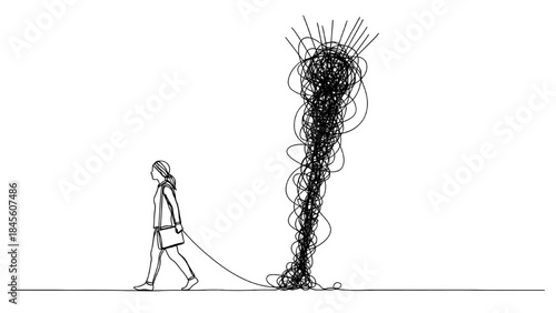A woman in a continuous line art style walking while dragging a tall, abstract, tornado-shaped column of densely tangled lines behind her, symbolizing a heavy emotional or work burden.