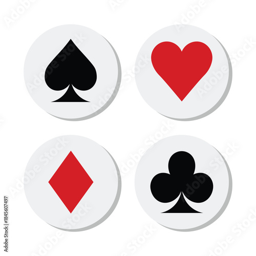 Playing card suit icons displayed in soft round buttons. Heart, diamond, club, and spade symbols appear clean and modern. Perfect for casino apps, poker interfaces, and game UI design.