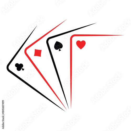 Fanned playing cards showing heart, spade, club, and diamond suits. Minimal red and black card symbols create a dynamic casino composition. Ideal for poker visuals, gambling themes, and card game desi