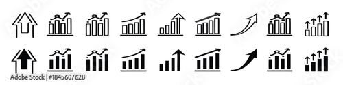 Growth icon set. Containing arrow up, growing graph, business chart icons. Vector illustration.