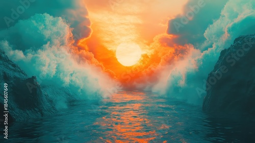 Dramatic fantasy landscape featuring a large, glowing sun casting its warm orange light across calm water, framed by towering teal clouds and dark, rugged cliffs
