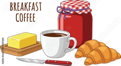 Breakfast coffee with butter jam and croissants vector illustration for morning meal cafe food design