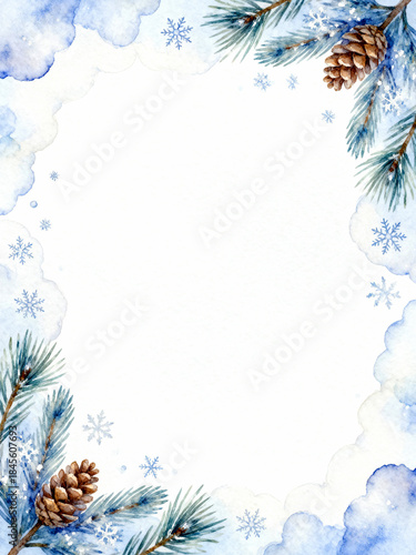 Watercolor winter frame with snow-covered pine branches and pine cones