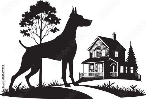 Sleek dog silhouette standing watch by a cozy house under a luminous moon and starry sky