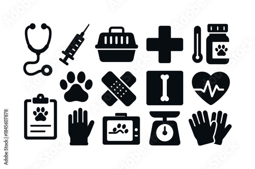 Veterinary tools silhouette icon set. featuring stethoscope, syringe, pet carrier, medicine, and paw print symbols