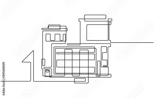Office center or industrial building construction in single outline illustration.