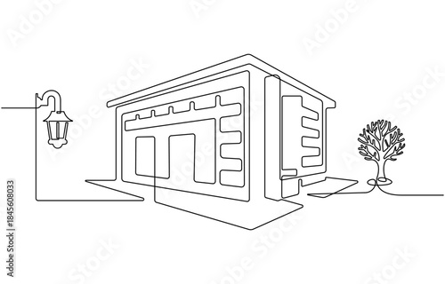 Office center or industrial building construction in single outline illustration.