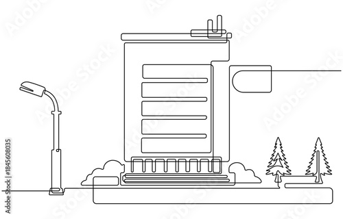 Office center or industrial building construction in single outline illustration.