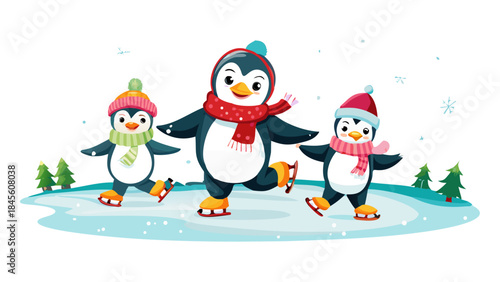 A cute cartoon penguin family ice skating together on a frozen pond, scarves flying, snow gently falling, joyful winter fun