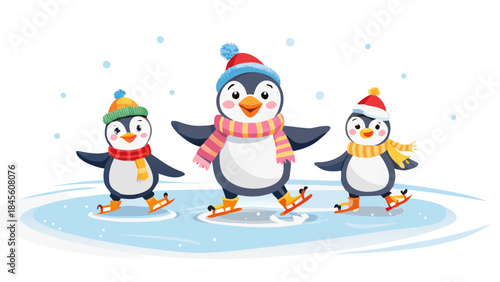 A cute cartoon penguin family ice skating together on a frozen pond, scarves flying, snow gently falling, joyful winter fun