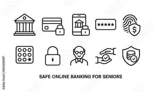 Online banking linear icons set. featuring bank, card, mobile, password, fingerprint, keypad, lock, user, hands, shield symbols