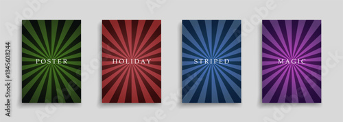Collection of bright color striped holiday festive backgrounds. Vintage radial art magic prints. Abstract pop vector artwork retro patterns. Can be used like cards, posters, placards