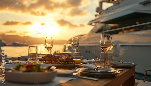 Luxury Dining on Yacht at Sunset: Exquisite Meal, Sparkling Wine and Ocean Views Creating Unforgettable Moments with Fine Food at Sea