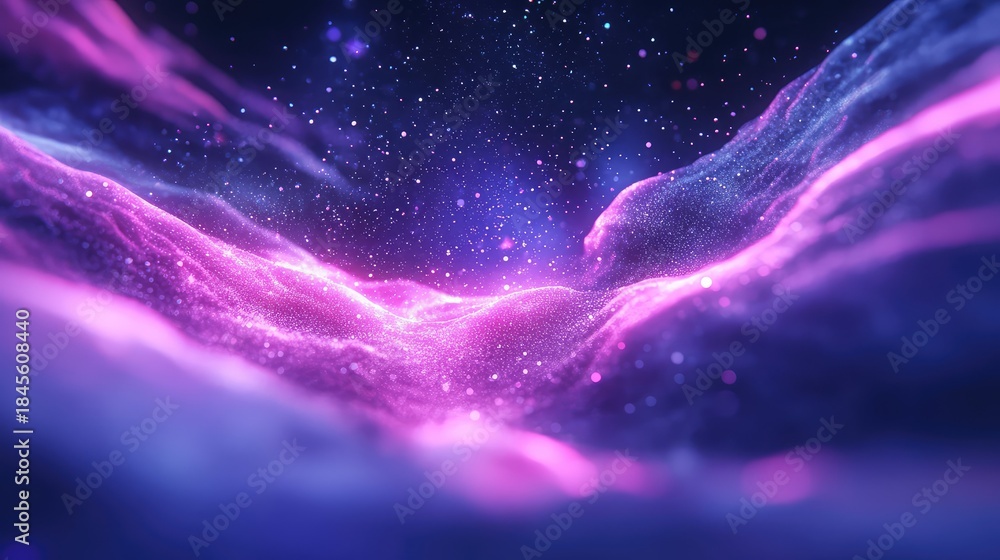 Obraz premium Abstract digital rendering showing vibrant purple and pink light particles and energy flowing in undulating wave forms, creating an illuminated fantasy background with bokeh and glitter effects