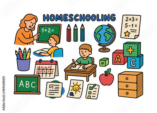 Homeschooling flat icon set. featuring teacher, student, globe, chalkboard, apple, calendar, and pencils