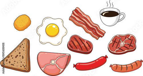 Breakfast food set with eggs bacon sausage meat and coffee vector illustration isolated on white background