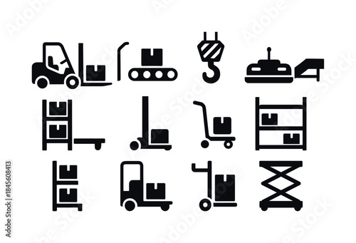 Warehouse equipment silhouette icon set. featuring forklift, conveyor, crane, pallet jack, shelves, and lift symbols