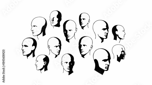 Collection of Diverse Male Head Profiles in Black and White.