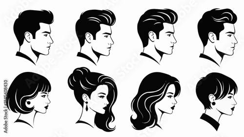 Collection of Diverse Male and Female Hairstyles in Profile View.