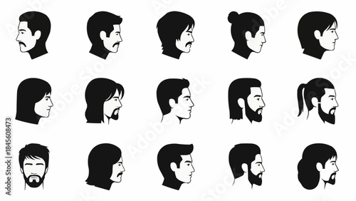 Collection of Diverse Male and Female Profile Silhouettes with Various Hairstyles and Facial Hair.