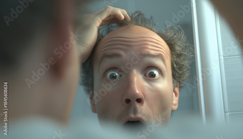 Surprised Man Gazes At Reflection, Noticing Thinning Hair In Mirror: A Startling Discovery Of Male Pattern Baldness.