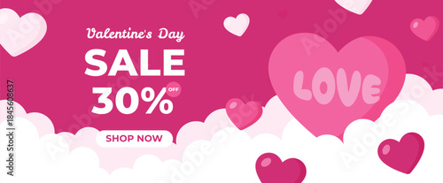 Valentine's Day Sale 30% Off Banner Template with Big Love Heart on Dark Pink Background for E-commerce Promotion
