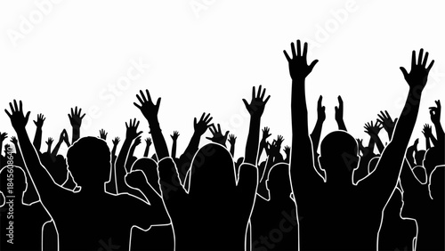 Crowd of people with hands raised in celebration or excitement.