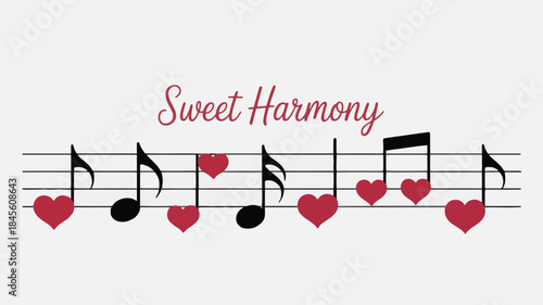 A flat vector illustration of a short harmony with hearts on a musical staff sweet music notes and red hearts create a lovely melody on sheet