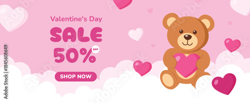 Valentines Day Sale 50% Off Banner with Cute Teddy Bear Holding Heart on Pink Cloud Background. Promotion and shopping template or background for Love and Valentines day concept