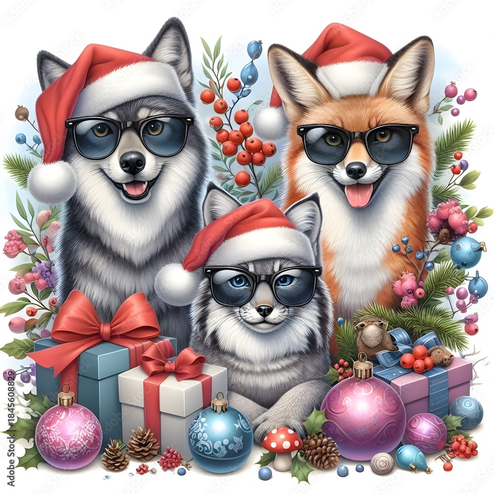 Fototapeta premium Christmas Huskies and Fox with Gifts and Colorful Ornaments