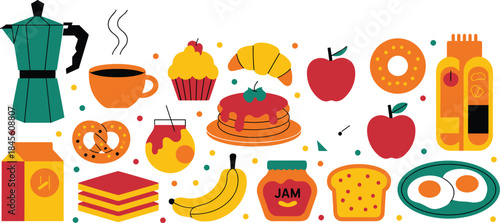 Breakfast food and coffee icons set vector illustration with bread fruits pancakes and drinks isolated