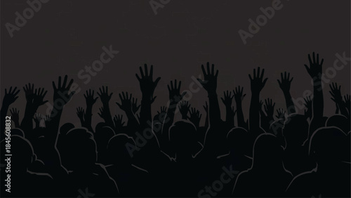 Crowd of people raising their hands in the air.