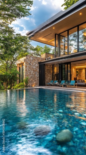 The modernist house with a swimming pool blends harmoniously into the green landscape, emphasising the luxury of secluded living — the perfect atmospheric backdrop 