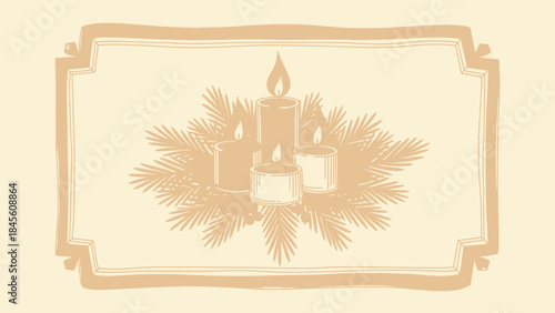 Candlelight Serenity: A delicate illustration captures the warm glow of candlelight, a symbol of serenity and celebration amidst festive evergreen accents.