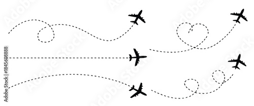 Airplane route with dotted flight path. Flying plane symbol with twisted, curved, straight and heart shape dashed trace path. Transparent png and vector illustration.