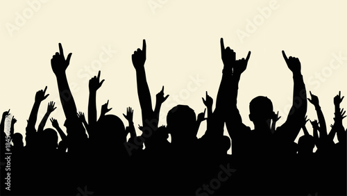 Crowd of people cheering with hands raised in the air.