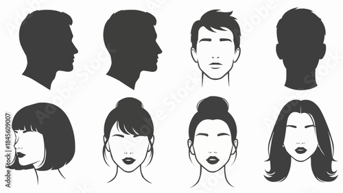 Collection of Diverse Human Head Silhouettes and Line Art Portraits.