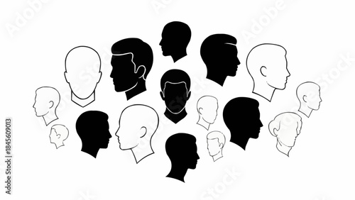Collection of Diverse Human Head Silhouettes in Black and White.