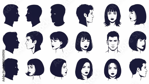 Collection of Diverse Human Head Silhouettes and Portraits in Profile and Front Views.