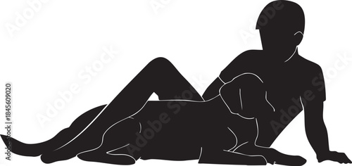 Silhouette illustration of a person and their dog lying together in comfort and companionship