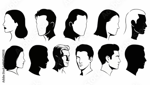 Collection of Diverse Human Head Silhouettes and Profiles in Black and White.