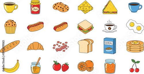 Breakfast food and coffee icon set vector illustration with bread eggs fruits jam and bakery items