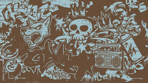Graffiti Skull Wolf Boombox Mural, Two-Tone Urban Street Art Illustration