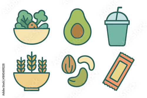 Colorful food icons set with fruits, drinks, and snacks