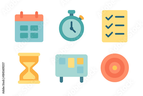 Colorful glowing productivity and time management icons set