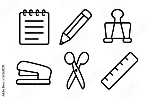Set of office supply icons in black on dark background