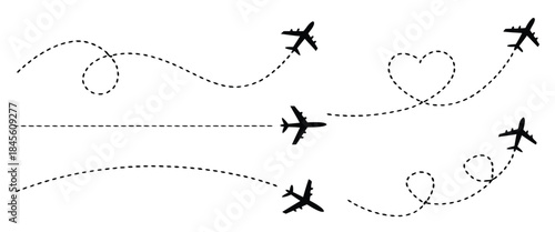 Airplane route with dotted flight path. Flying plane symbol with twisted, curved, straight and heart shape dashed trace path. Transparent png and vector illustration.